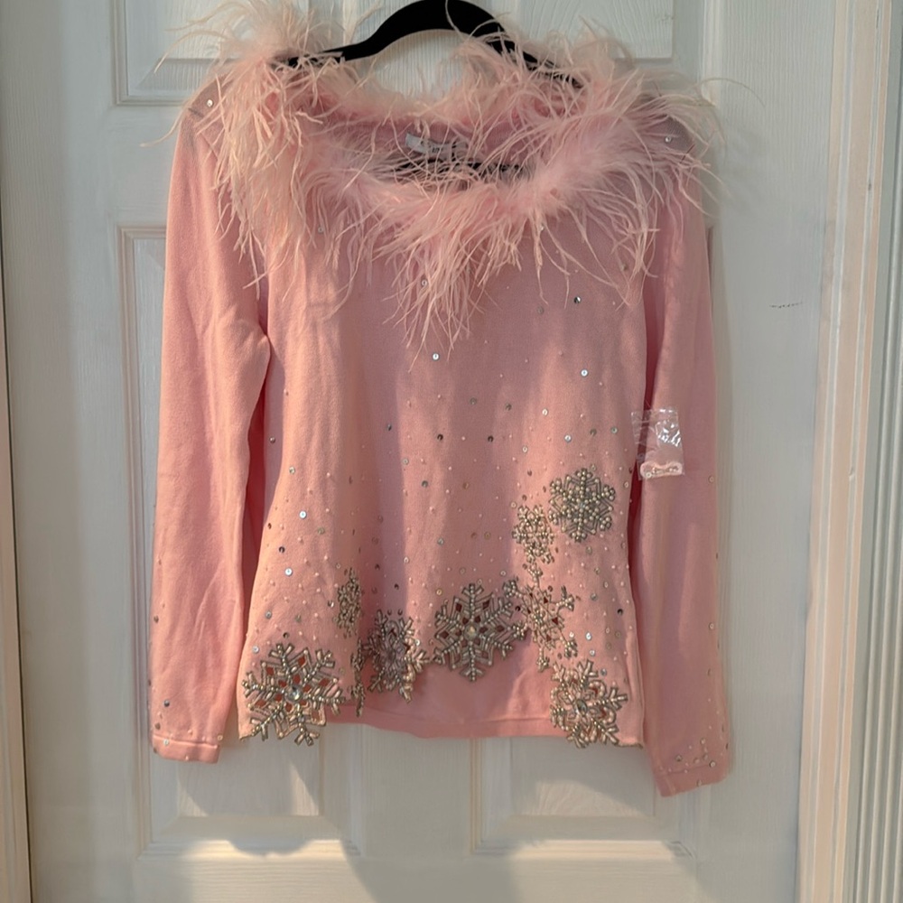 Pink beaded feather top sweater